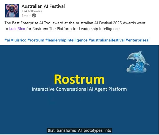 Australian AI Festival 2025 — Best Enterprise AI Tool awarded to Rostrum