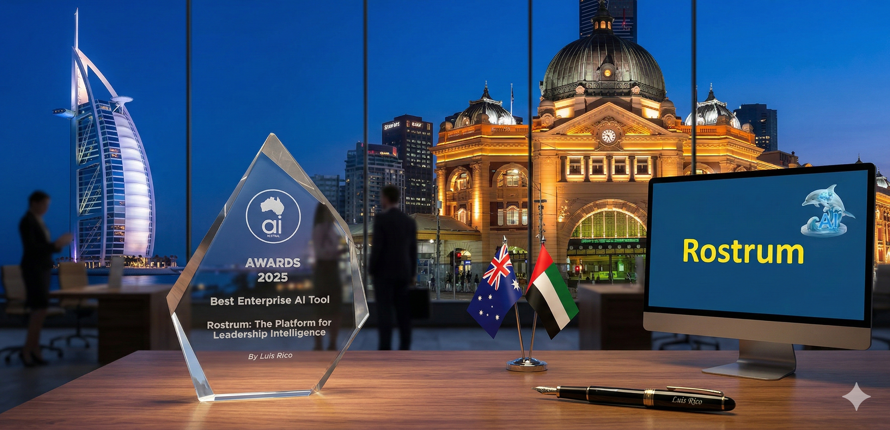 Rostrum Award Winner — Best Enterprise AI Tool, Australian AI Festival 2025. Glass trophy with Burj Al Arab and Flinders Street Station in the background, Australian and UAE flags.